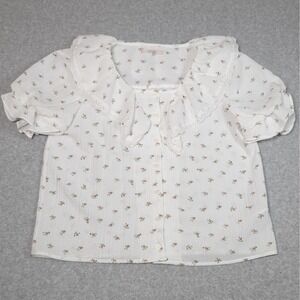 Nice Claup Flower Print Blouse Womens Medium Balloon Sleeve Button Up Ruffle
